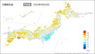 20日の最高気温平年差の分布図