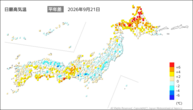 21日の最高気温平年差の分布図