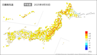 30日の最高気温平年差の分布図