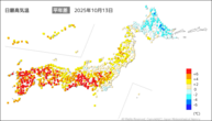 13日の最高気温平年差の分布図