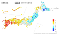 16日の最高気温平年差の分布図