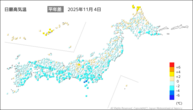 4日の最高気温平年差の分布図