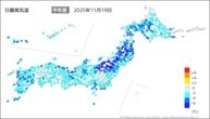 19日の最高気温平年差の分布図
