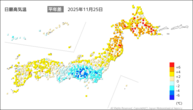 25日の最高気温平年差の分布図