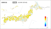 16日の最高気温平年差の分布図