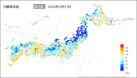31日の最高気温前日差の分布図