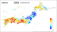 16日の最高気温前日差の分布図