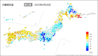 26日の最高気温前日差の分布図