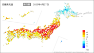 27日の最高気温前日差の分布図