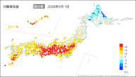 7日の最高気温前日差の分布図