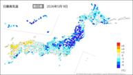 9日の最高気温前日差の分布図
