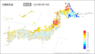 14日の最高気温前日差の分布図