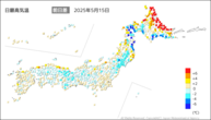 15日の最高気温前日差の分布図