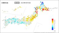 16日の最高気温前日差の分布図