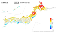 31日の最高気温前日差の分布図
