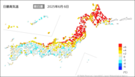6日の最高気温前日差の分布図