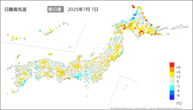 7日の最高気温前日差の分布図