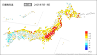 13日の最高気温前日差の分布図