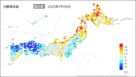 14日の最高気温前日差の分布図