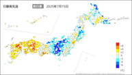 15日の最高気温前日差の分布図