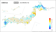 21日の最高気温前日差の分布図
