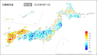 11日の最高気温前日差の分布図
