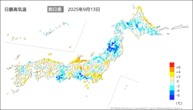 13日の最高気温前日差の分布図