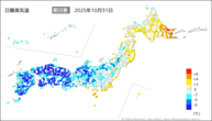 31日の最高気温前日差の分布図