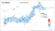 24日の最大瞬間風速の分布図