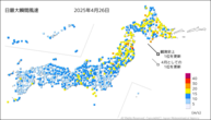 26日の最大瞬間風速の分布図