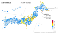 一昨日の最大瞬間風速の分布図