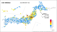 11日の最大瞬間風速の分布図