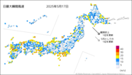 17日の最大瞬間風速の分布図