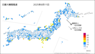 今日の最大瞬間風速の分布図