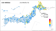 27日の最大瞬間風速の分布図