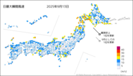13日の最大瞬間風速の分布図