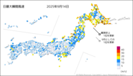 14日の最大瞬間風速の分布図