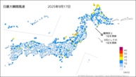 今日の最大瞬間風速の分布図