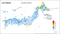 昨日の最大瞬間風速の分布図