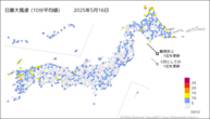 16日の最大風速（10分平均値）の分布図