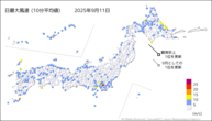 11日の最大風速（10分平均値）の分布図