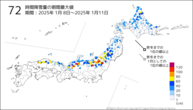 72時間降雪量の期間最大値の分布図