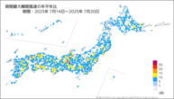 期間最大瞬間風速の年平年比の分布図