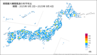 期間最大瞬間風速の年平年比の分布図