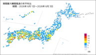 期間最大瞬間風速の年平年比の分布図