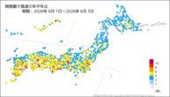 期間最大風速の年平年比の分布図