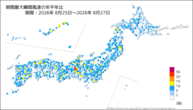 期間最大瞬間風速の年平年比の分布図