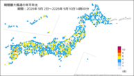 期間最大風速の年平年比の分布図