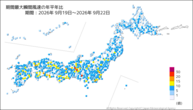 期間最大瞬間風速の年平年比の分布図