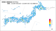 期間最大瞬間風速の年平年比の分布図